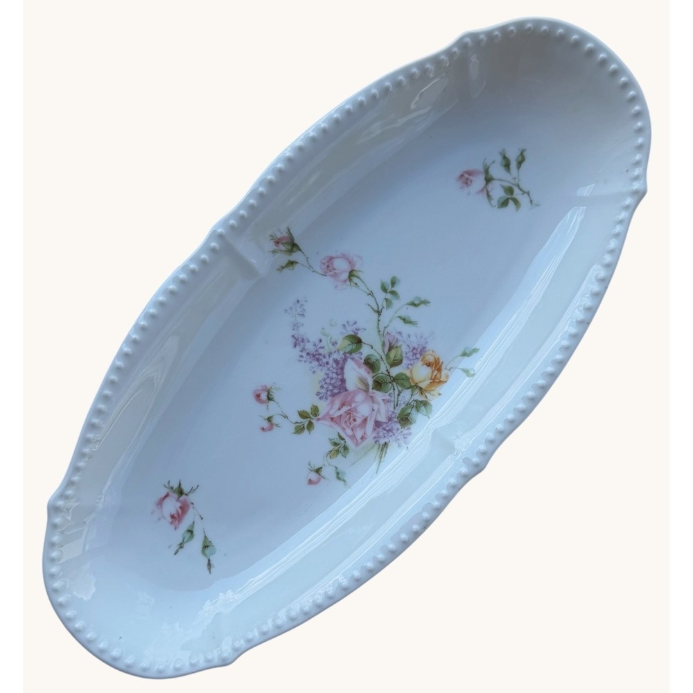 Antique Victorian Porcelain Celery Relish Tray Vintage Floral Pink Roses 12.5"